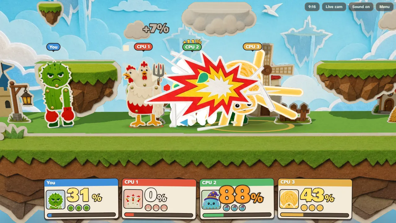 Four paper fighters brawl on a floating island with damage percent cards at the bottom