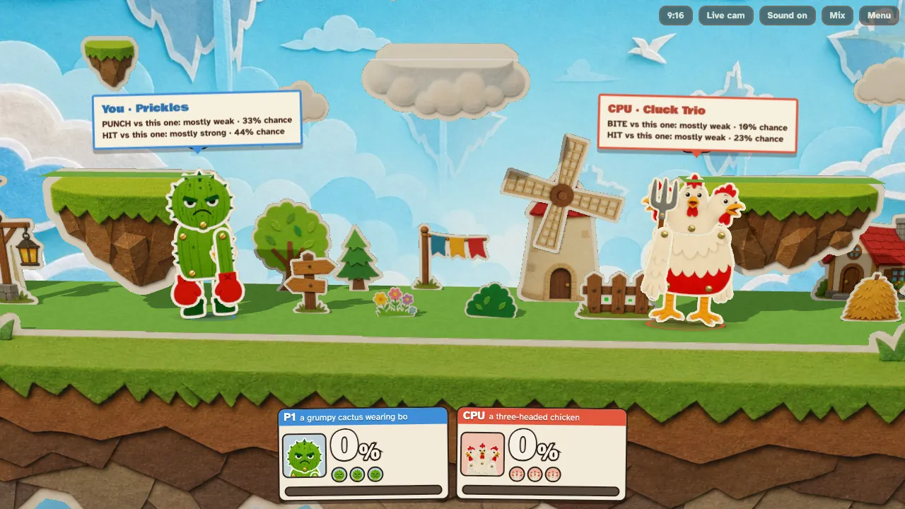 The odds screen showing how each fighter's attacks work against the opponent