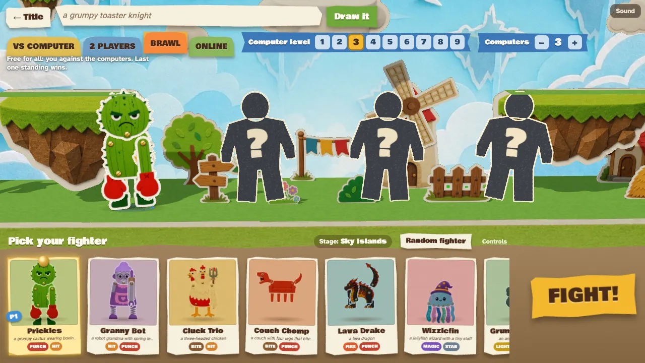 The select screen for a three-fighter brawl