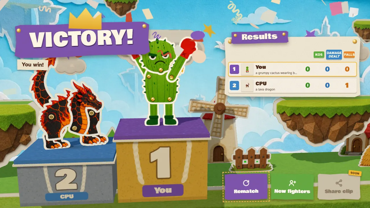 The victory podium after a match, with a results card